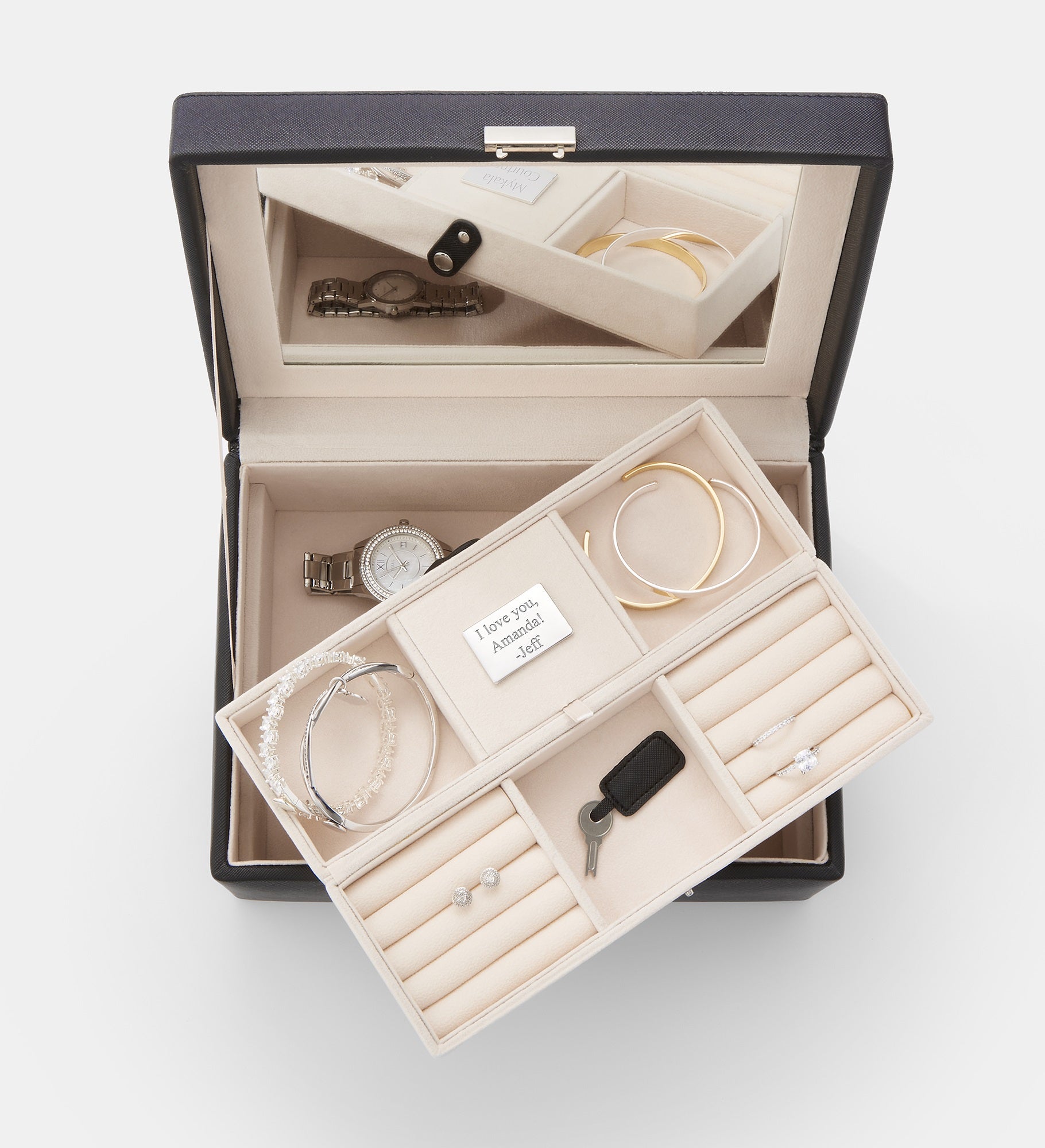 Engraved Vegan Leather Large Jewelry Box in Black