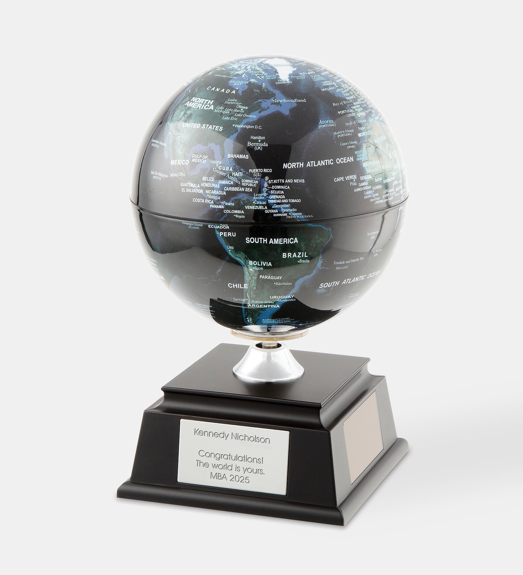 Engraved Spinning Solar Capital Cities Globe in Black & Green