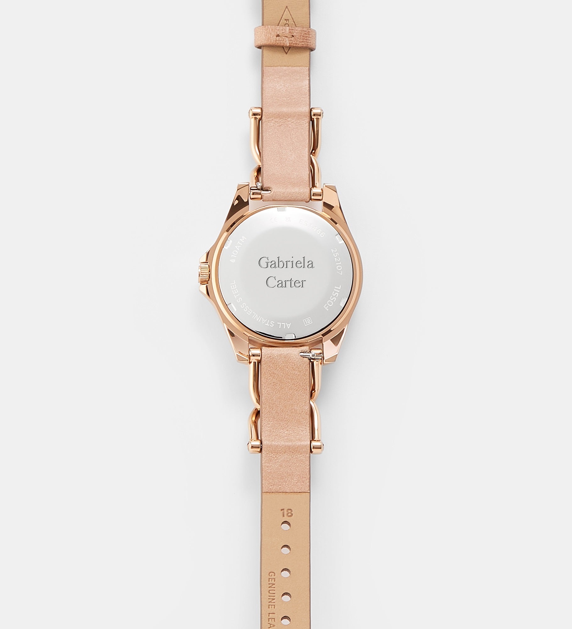 Engraved Fossil Riley Rose Gold & Pink Leather Watch