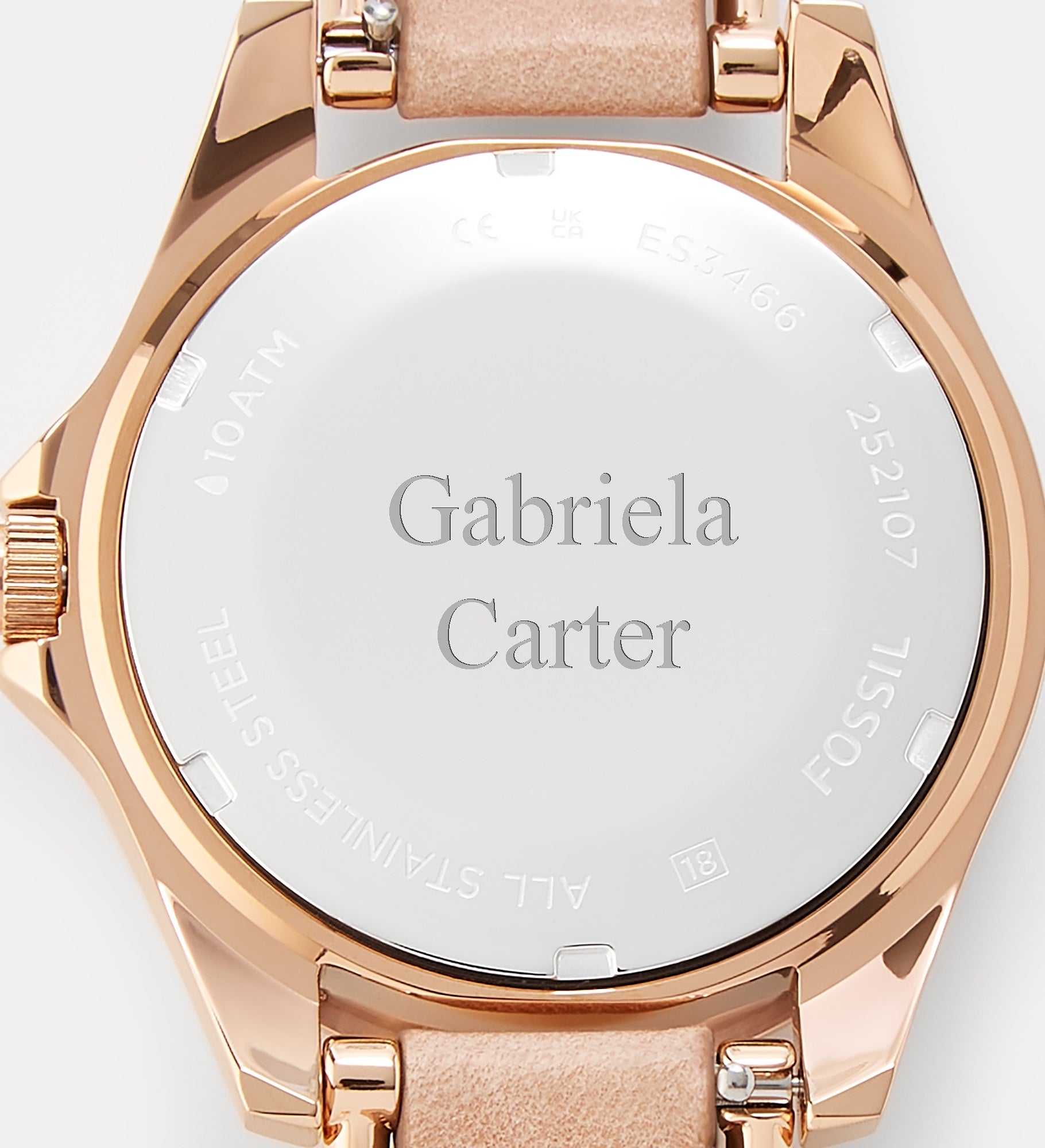 Engraved Fossil Riley Rose Gold & Pink Leather Watch