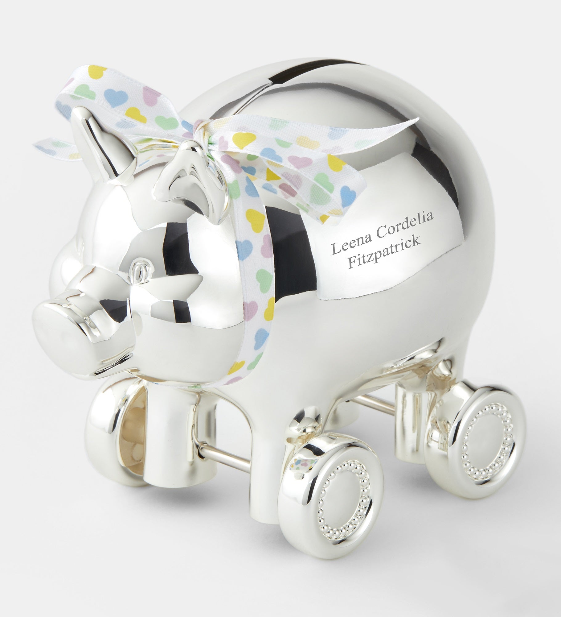 Engraved Reed & Barton Piggy on Wheels Coin Bank