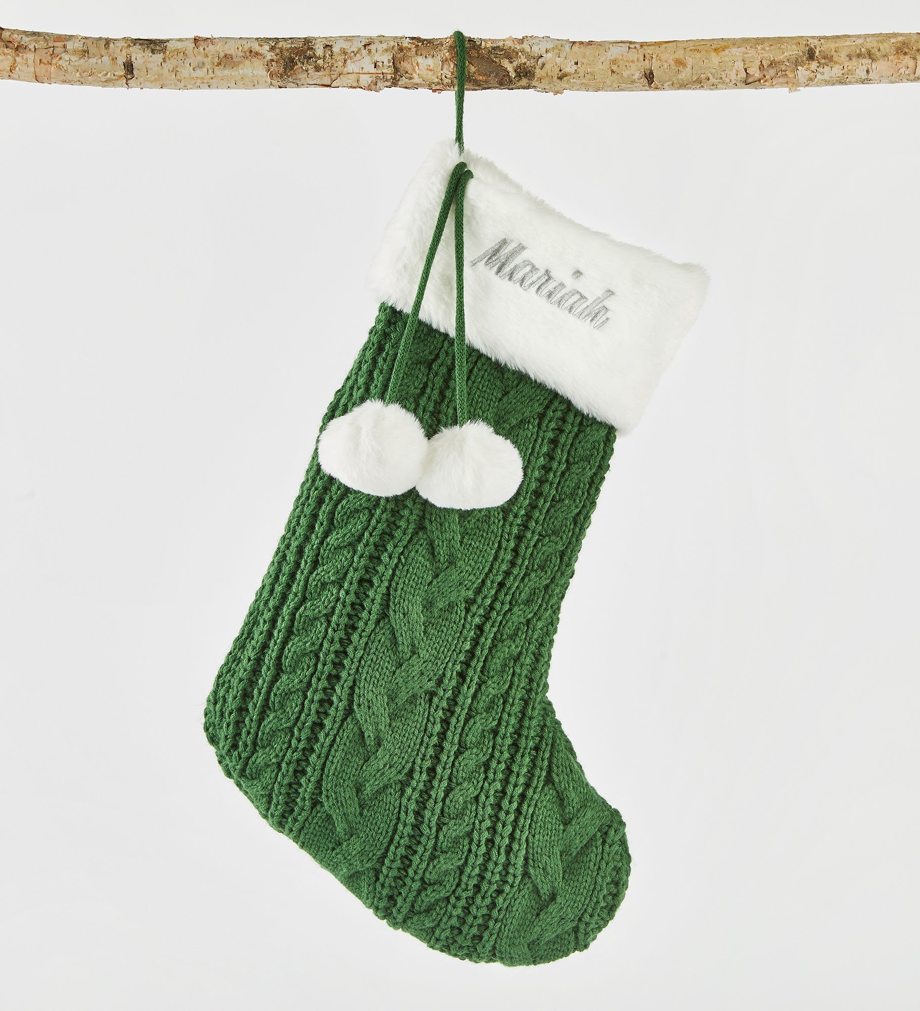Embroidered Evergreen Cable Stocking with Faux Fur Cuff