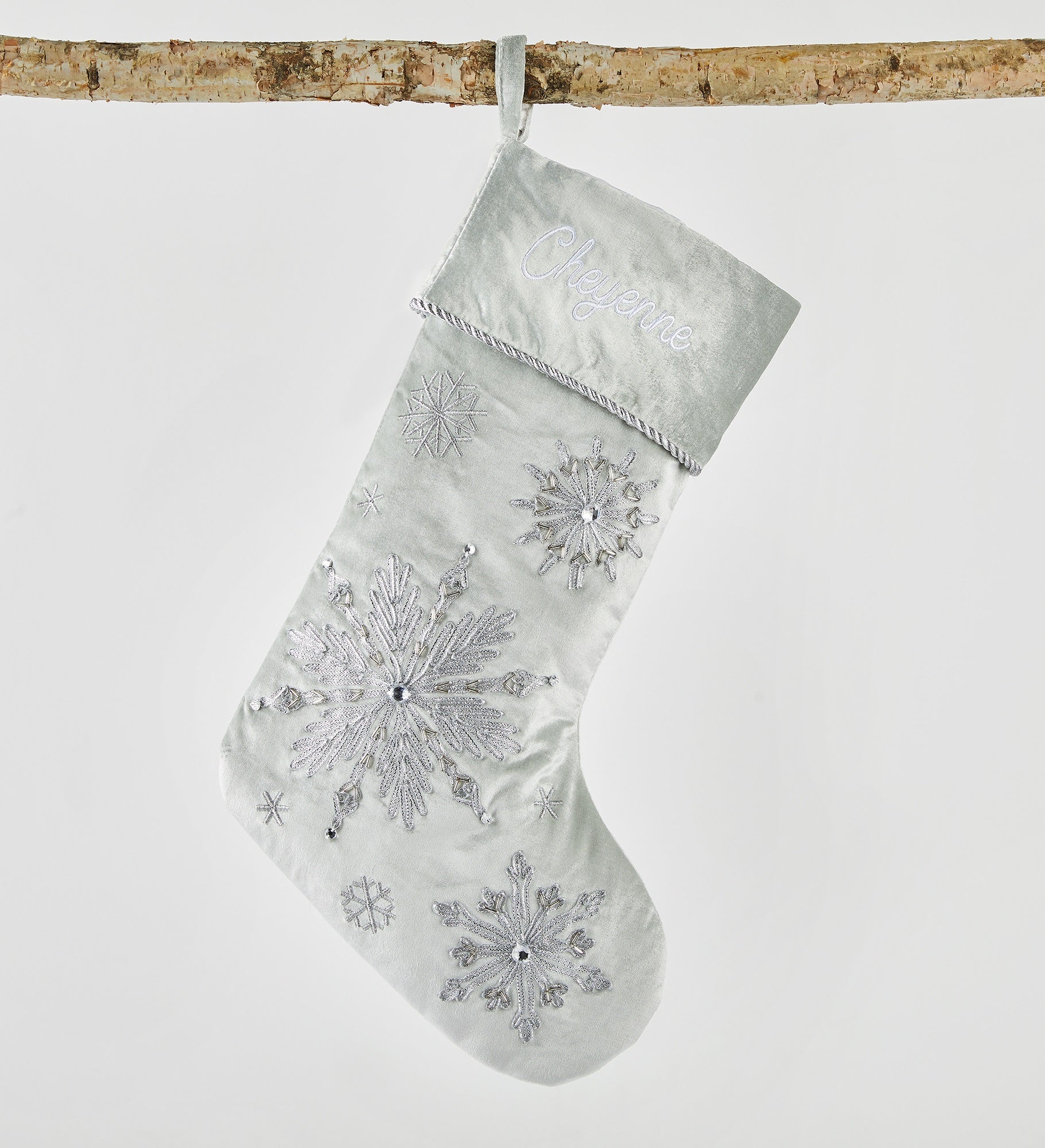 Embroidered Sage Green & Silver Jeweled Snowflake Stocking