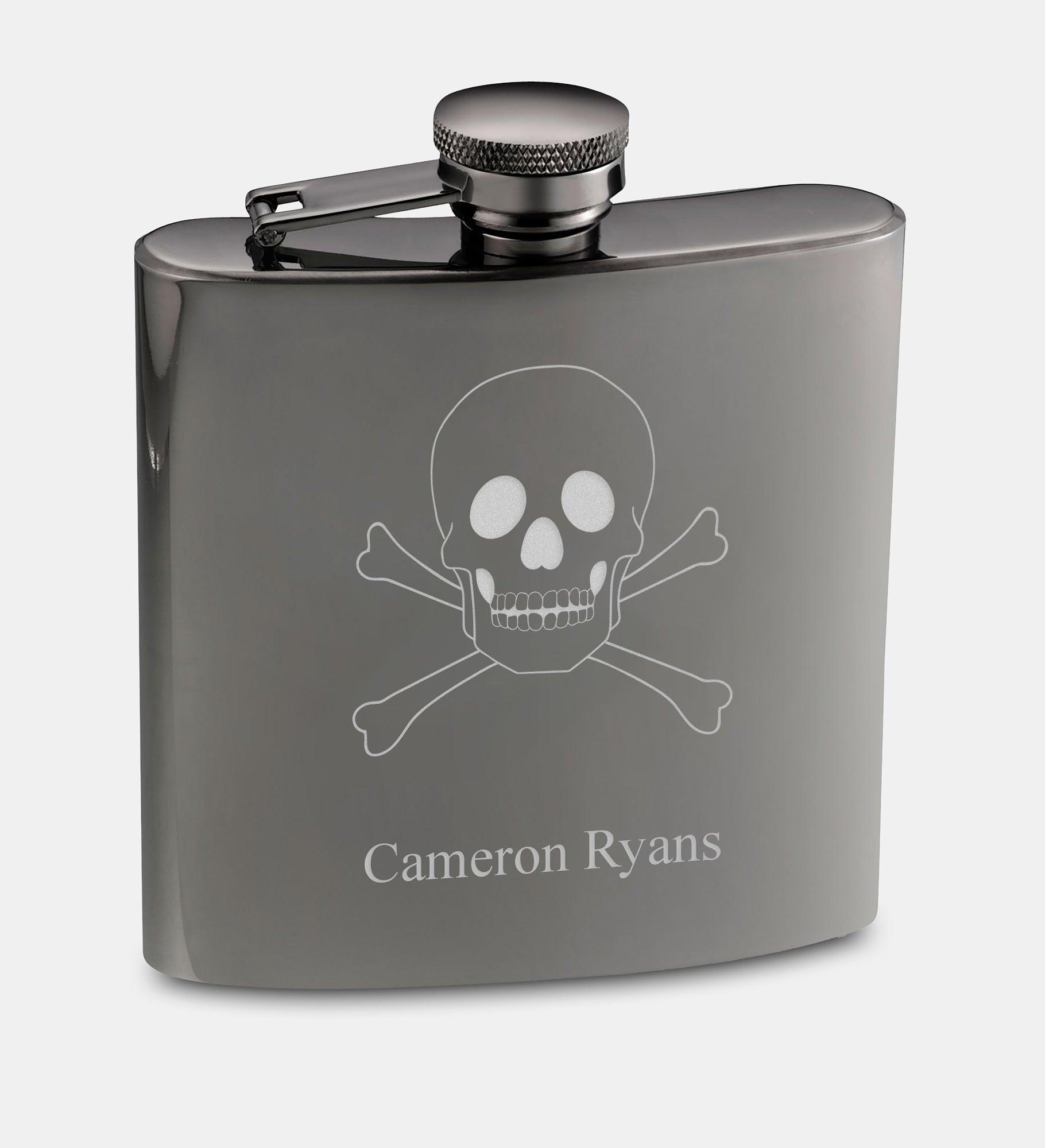 Engraved Skull & Crossbones Gunmetal Flask