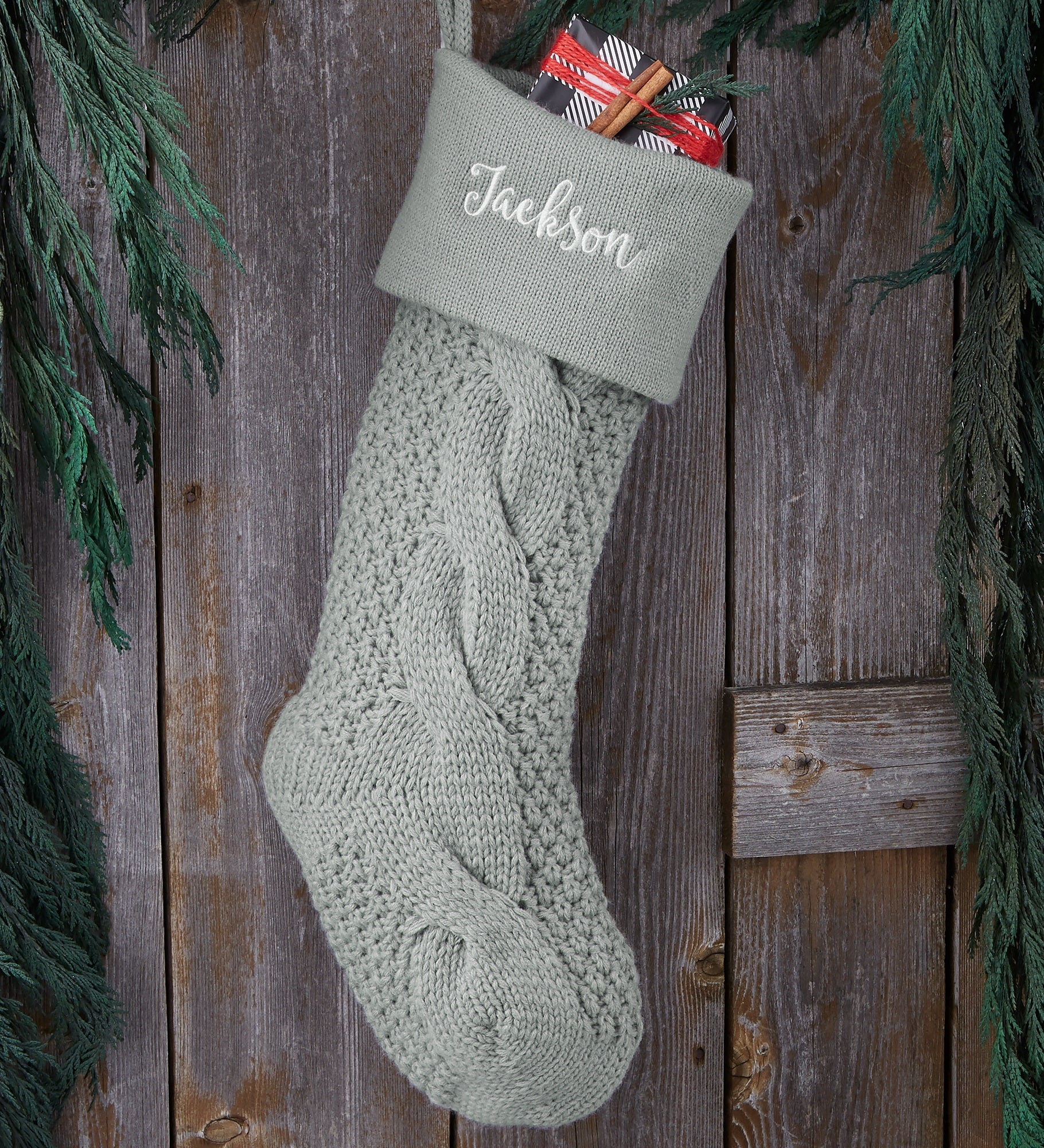 Kittenish Embroidered Cable Knit Stocking in Grey