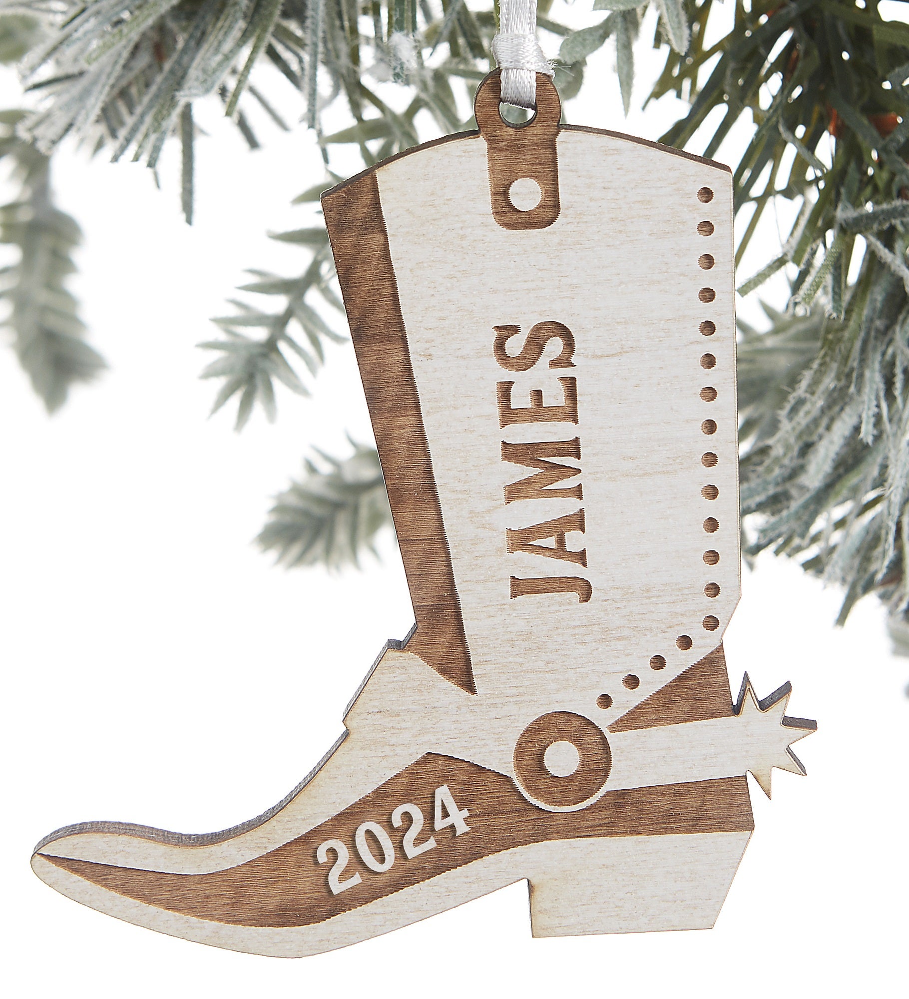 Kittenish Engraved Wood Cowboy Boot Ornament 