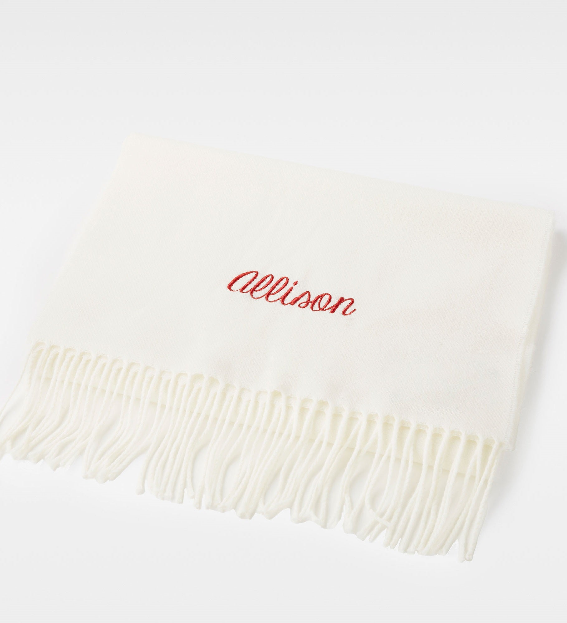 Kittenish Embroidered Soft Fringe Scarf in Solid Creme
