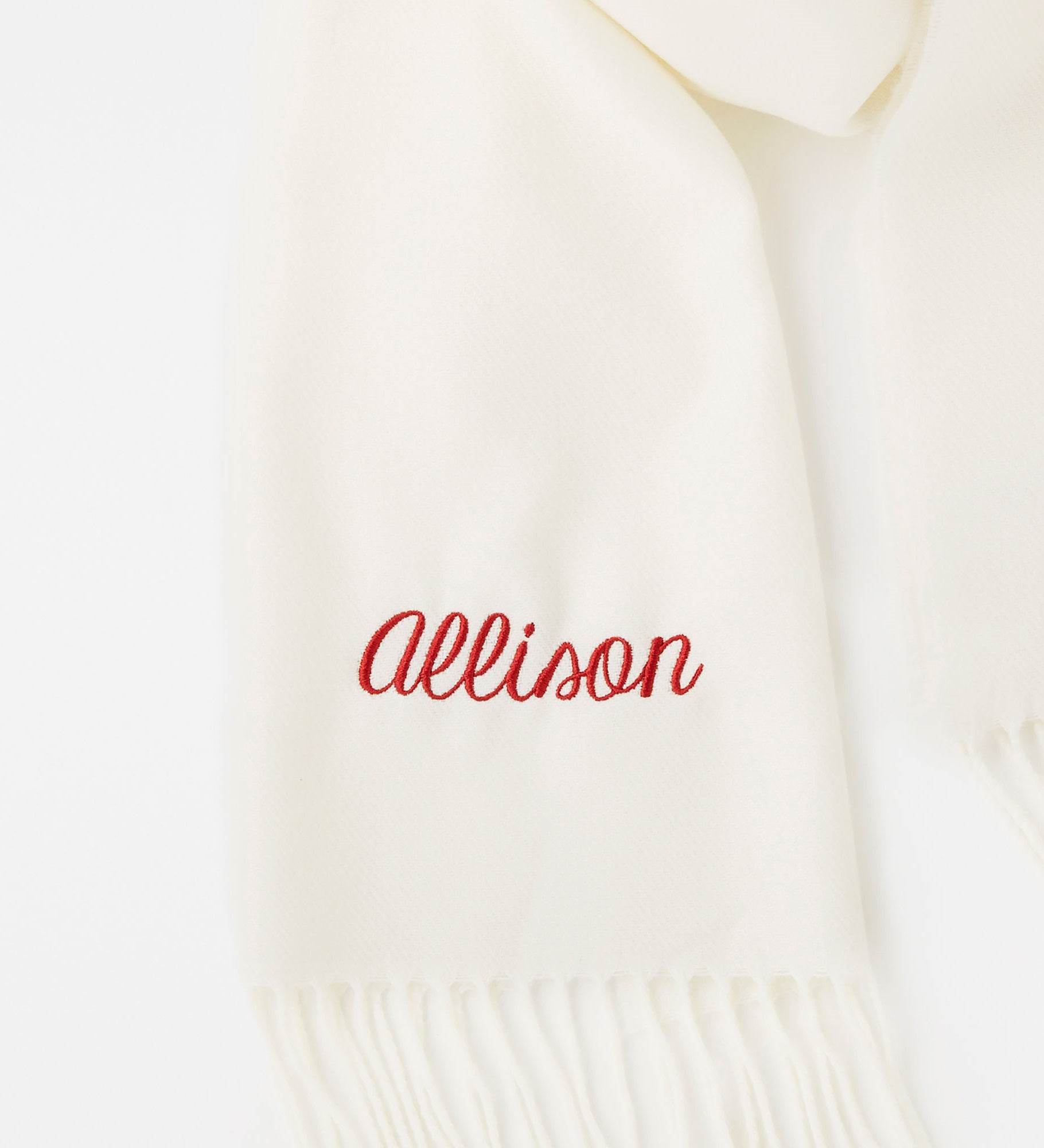 Kittenish Embroidered Soft Fringe Scarf in Solid Creme