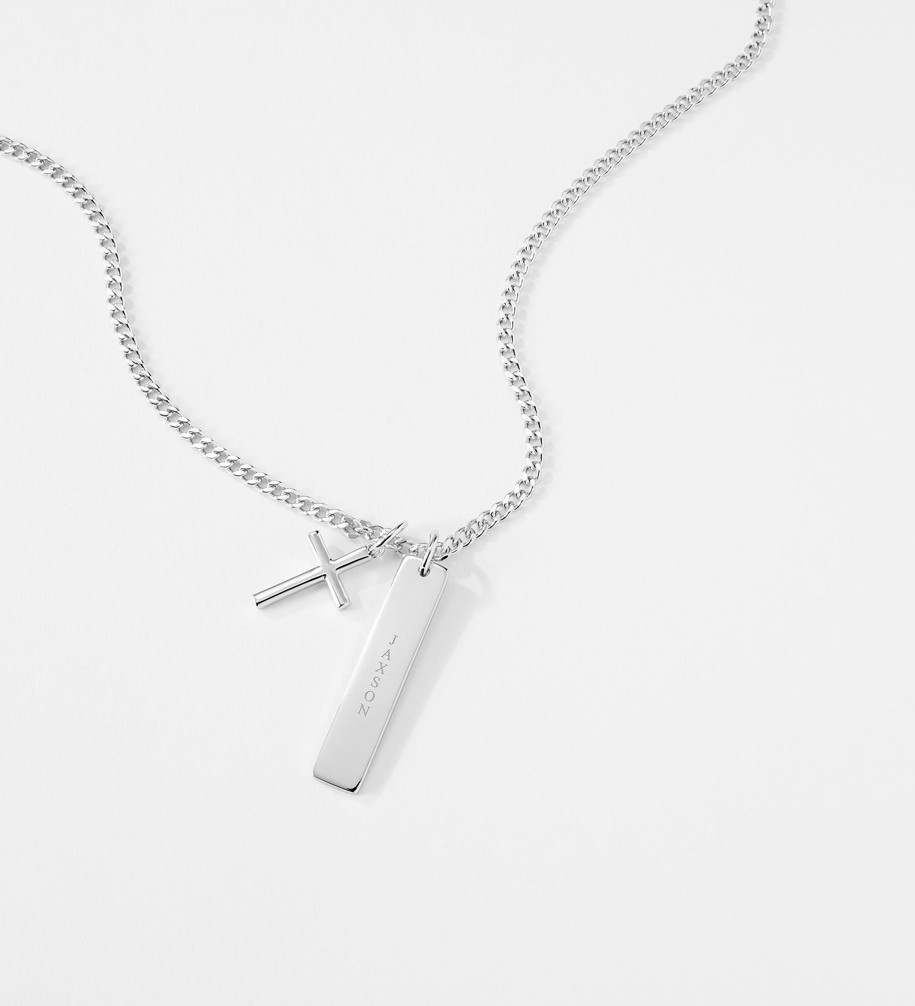 Kittenish Engraved Sterling Silver Cross and Bar Necklace