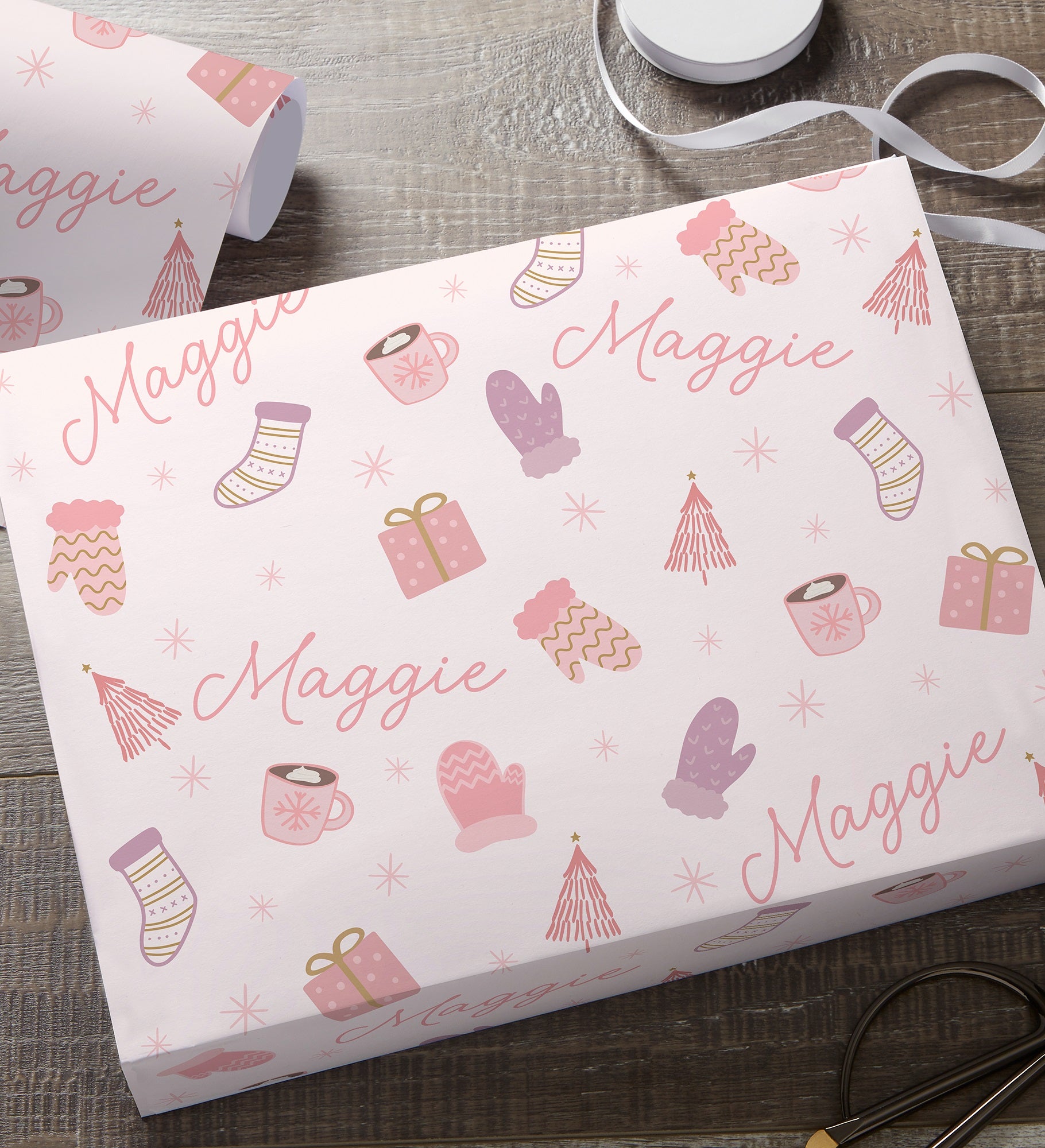 Kittenish Cozy Holiday Personalized Wrapping Paper in Pink