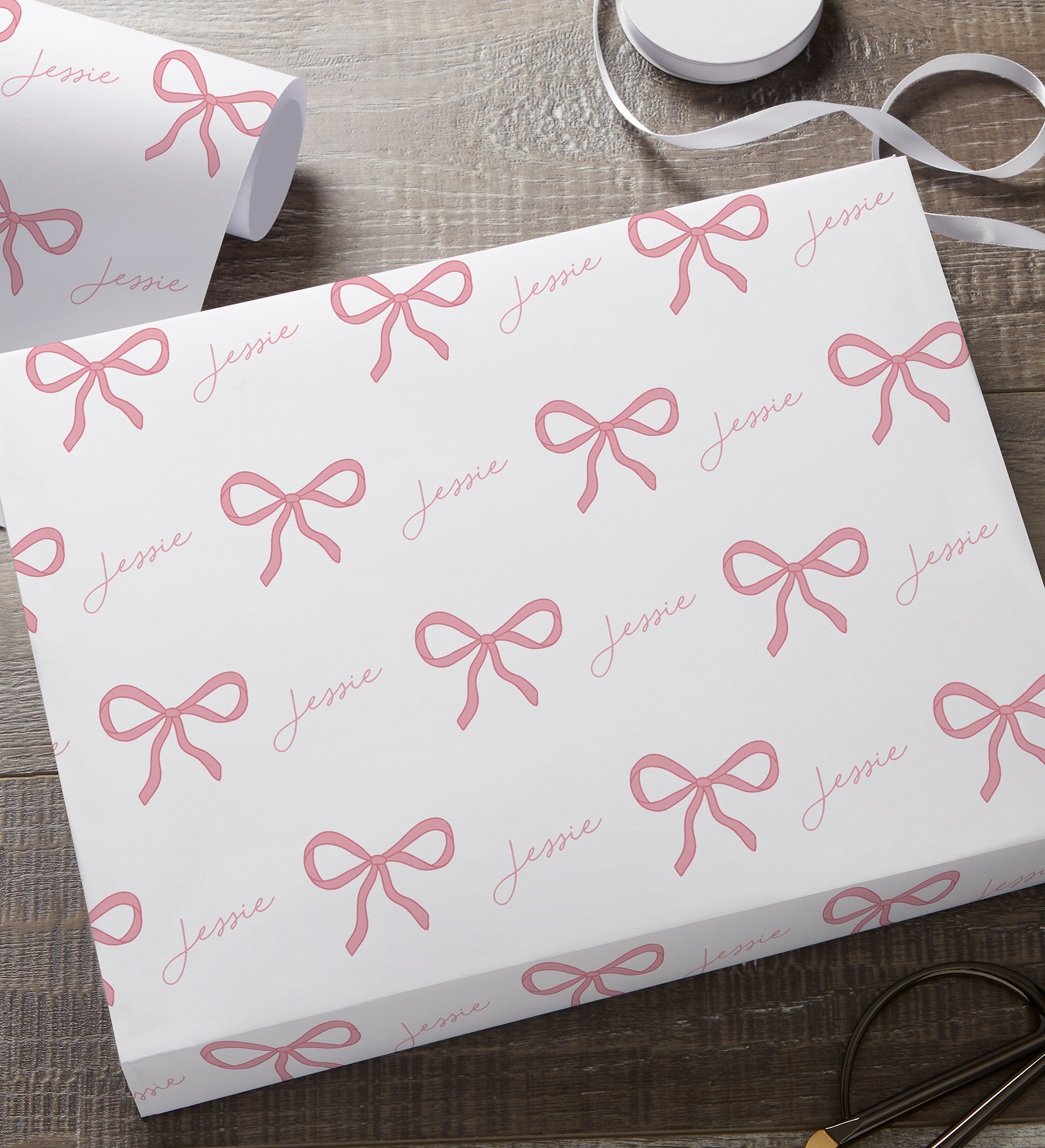 Kittenish Personalized Pink Bow Wrapping Paper
