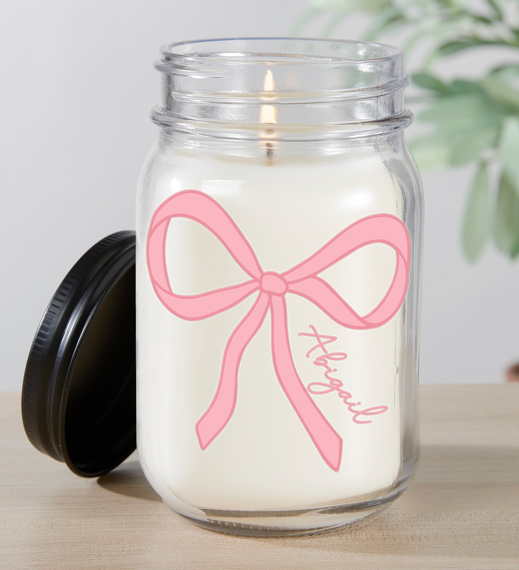 Kittenish Personalized Pink Bow Mason Jar Candle