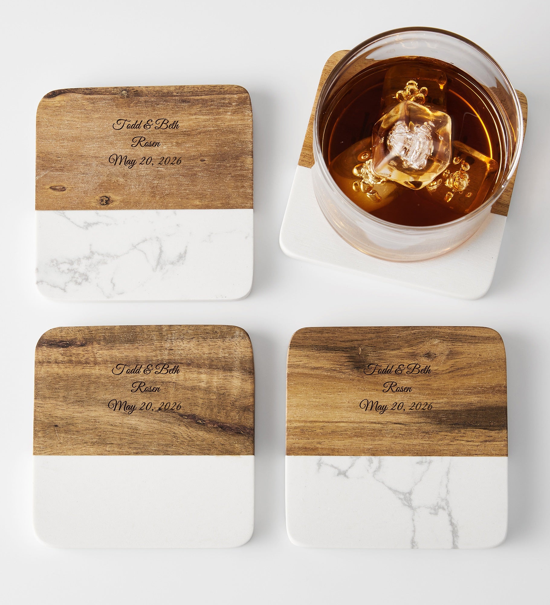Kittenish Engraved Wood and Stone Coaster Set