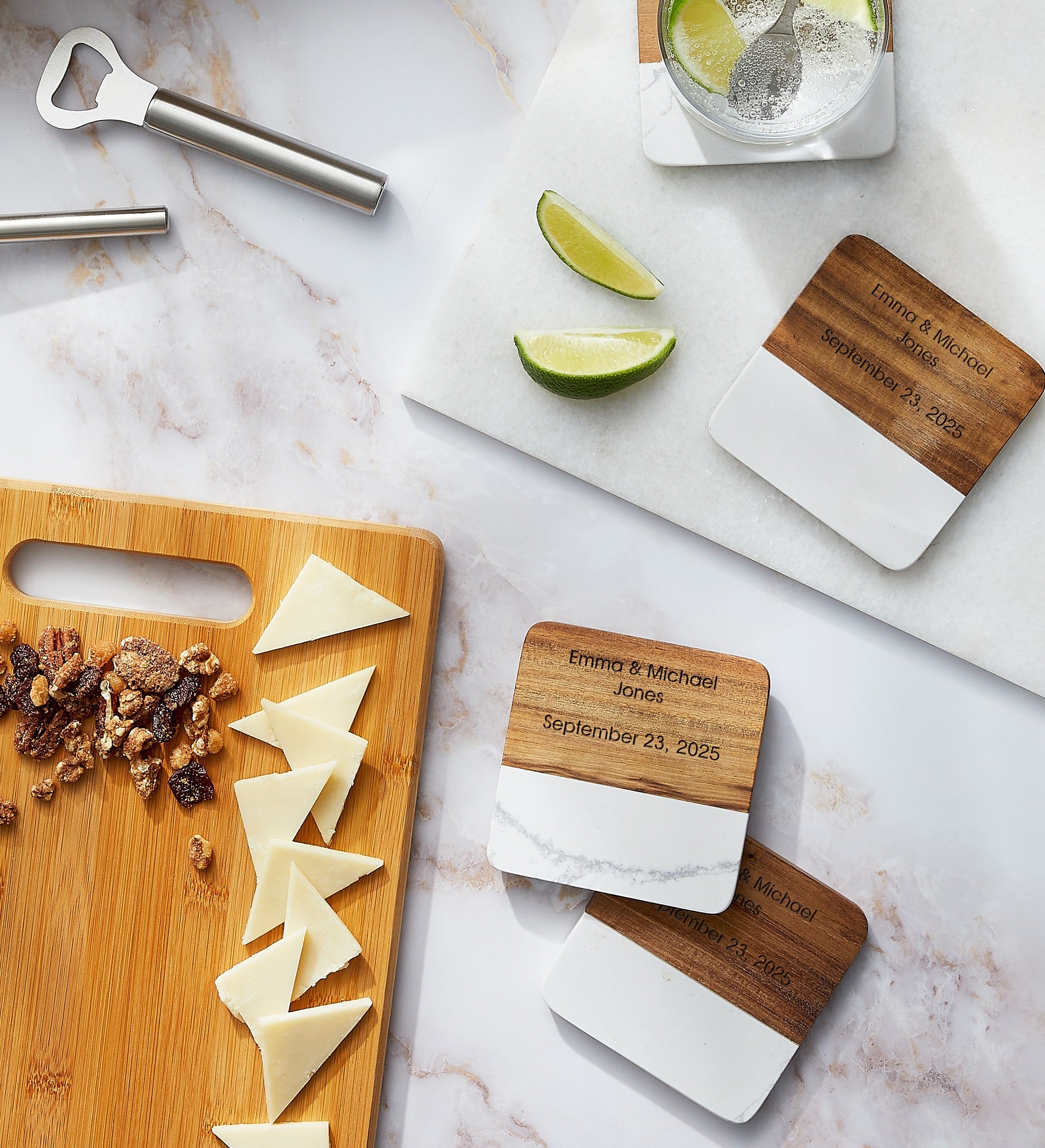 Kittenish Engraved Wood and Stone Coaster Set