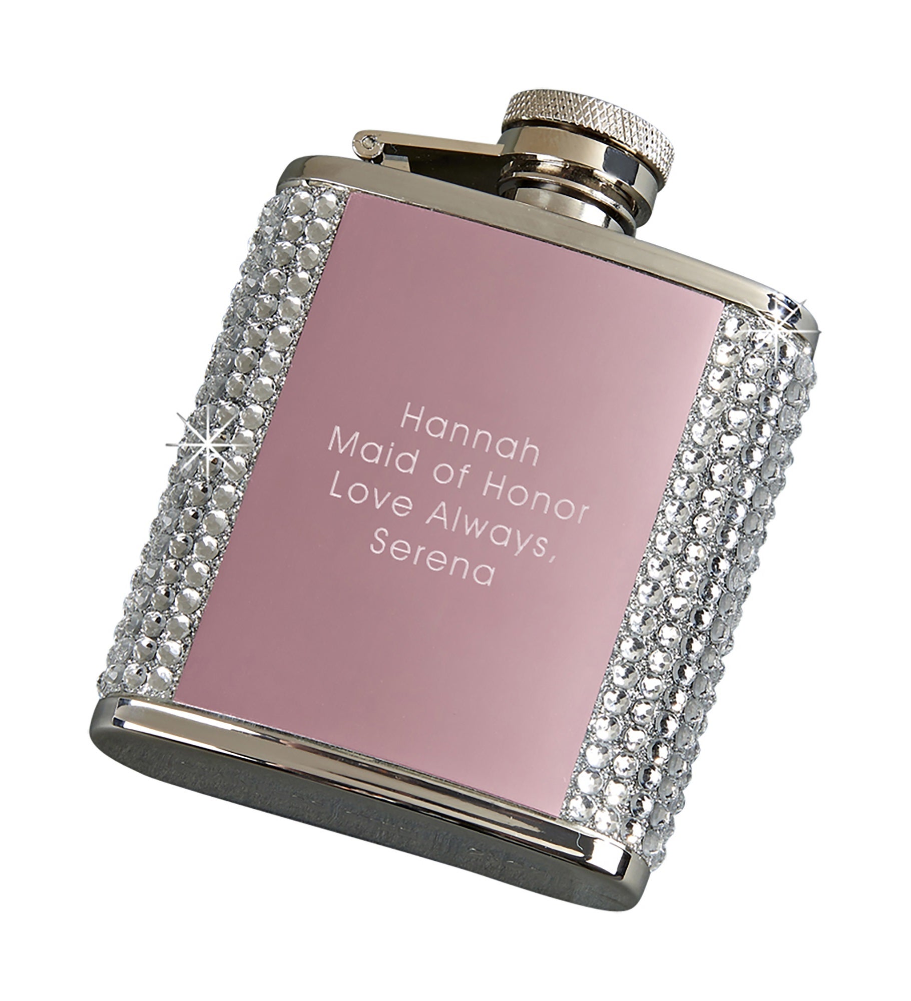 Kittenish Engraved Pink Jeweled Flask