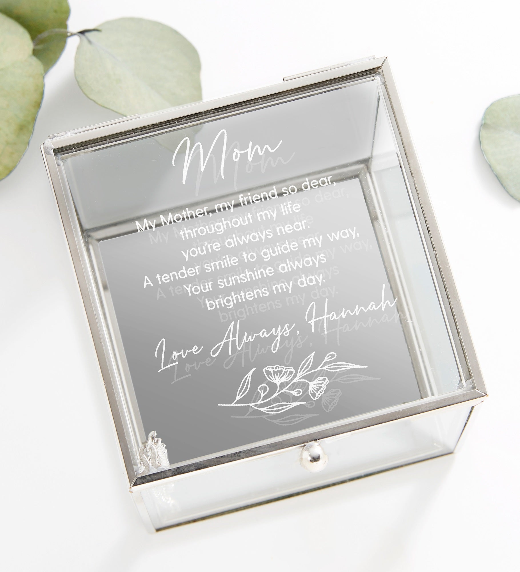 Kittenish Engraved Floral Message Glass Jewelry Box