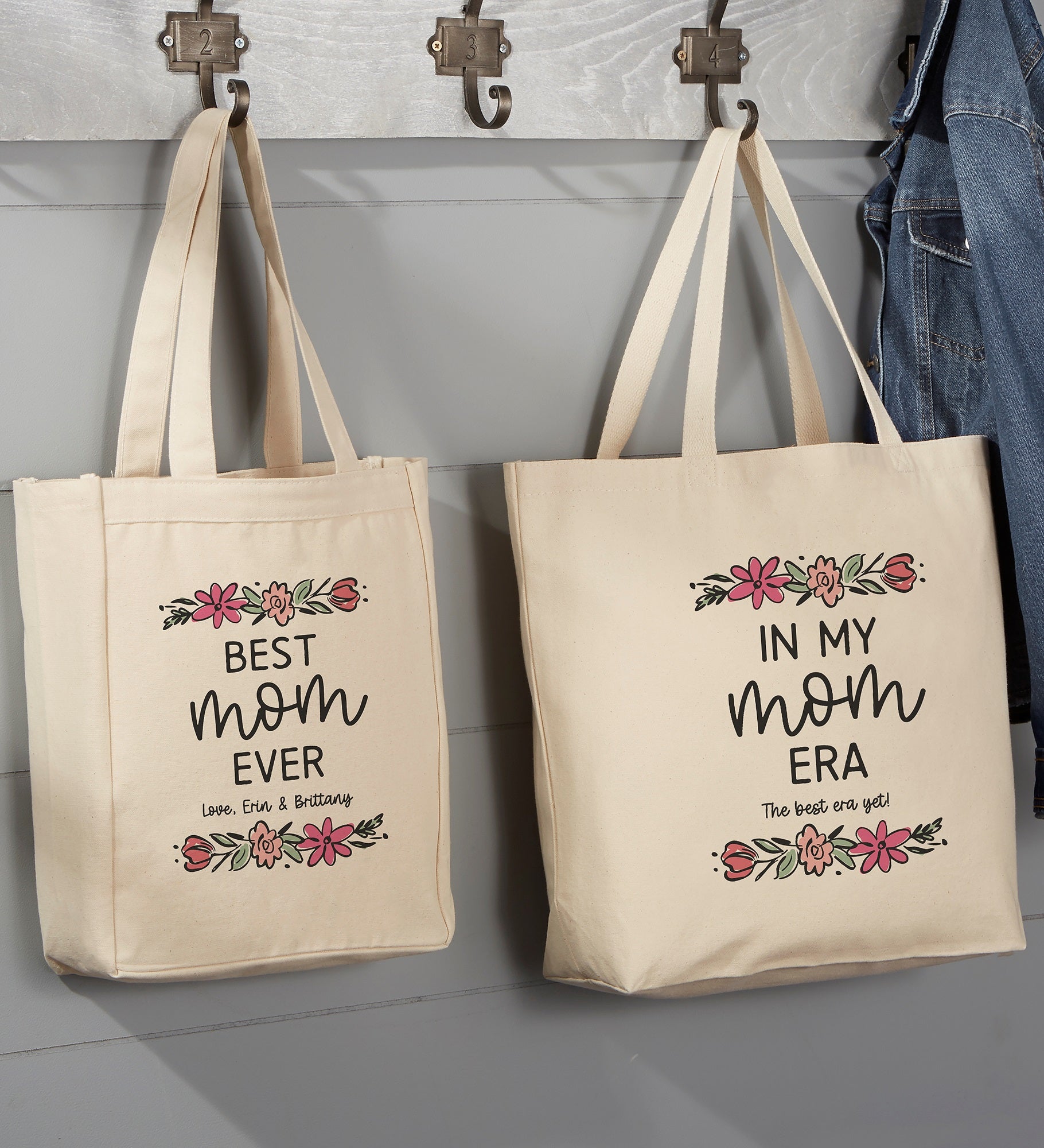 Kittenish Personalized Floral Border Mother's Day Canvas Tote Bags