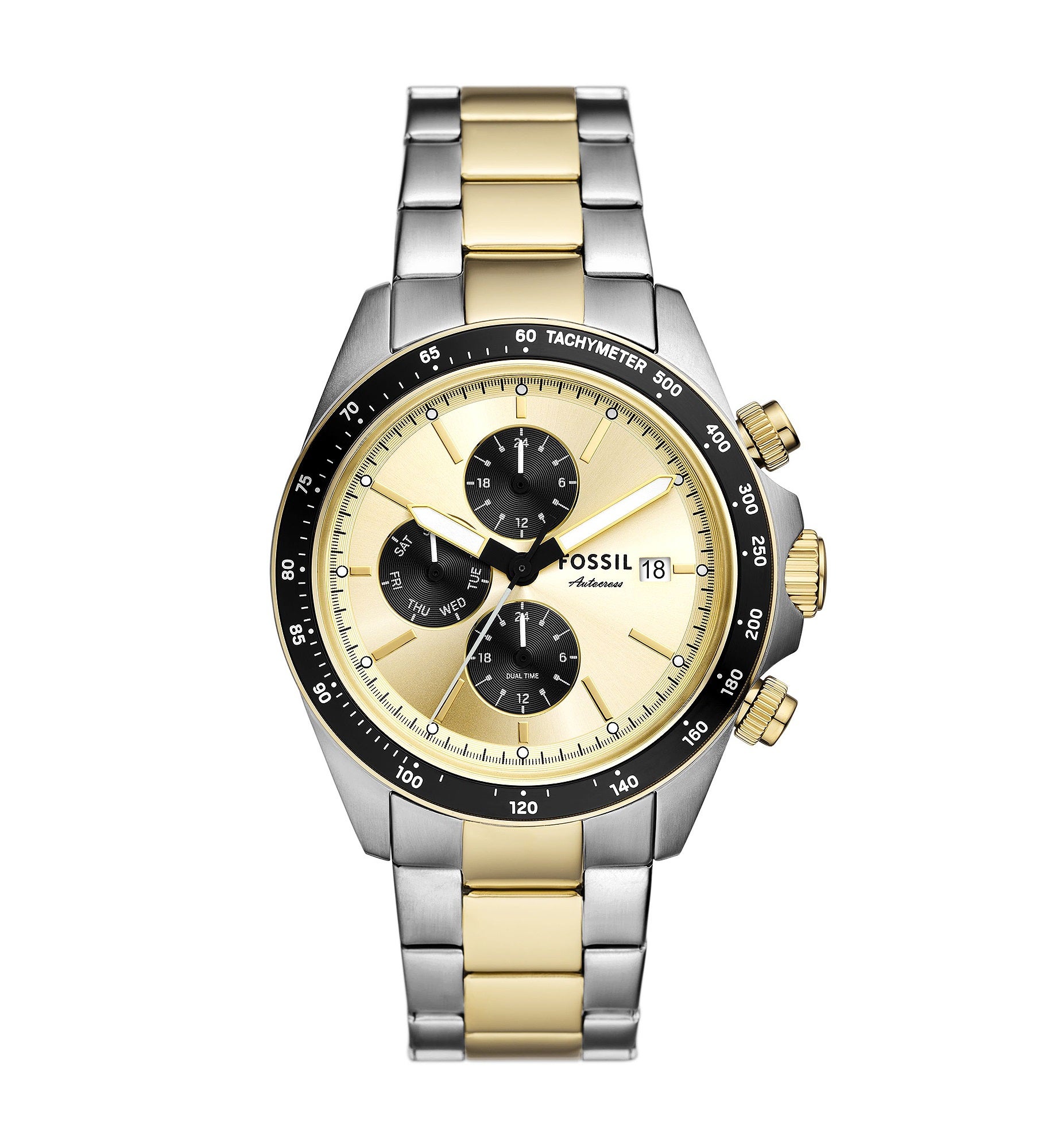 Engraved Fossil Autocross Two Tone Steel Watch with Black Detailing