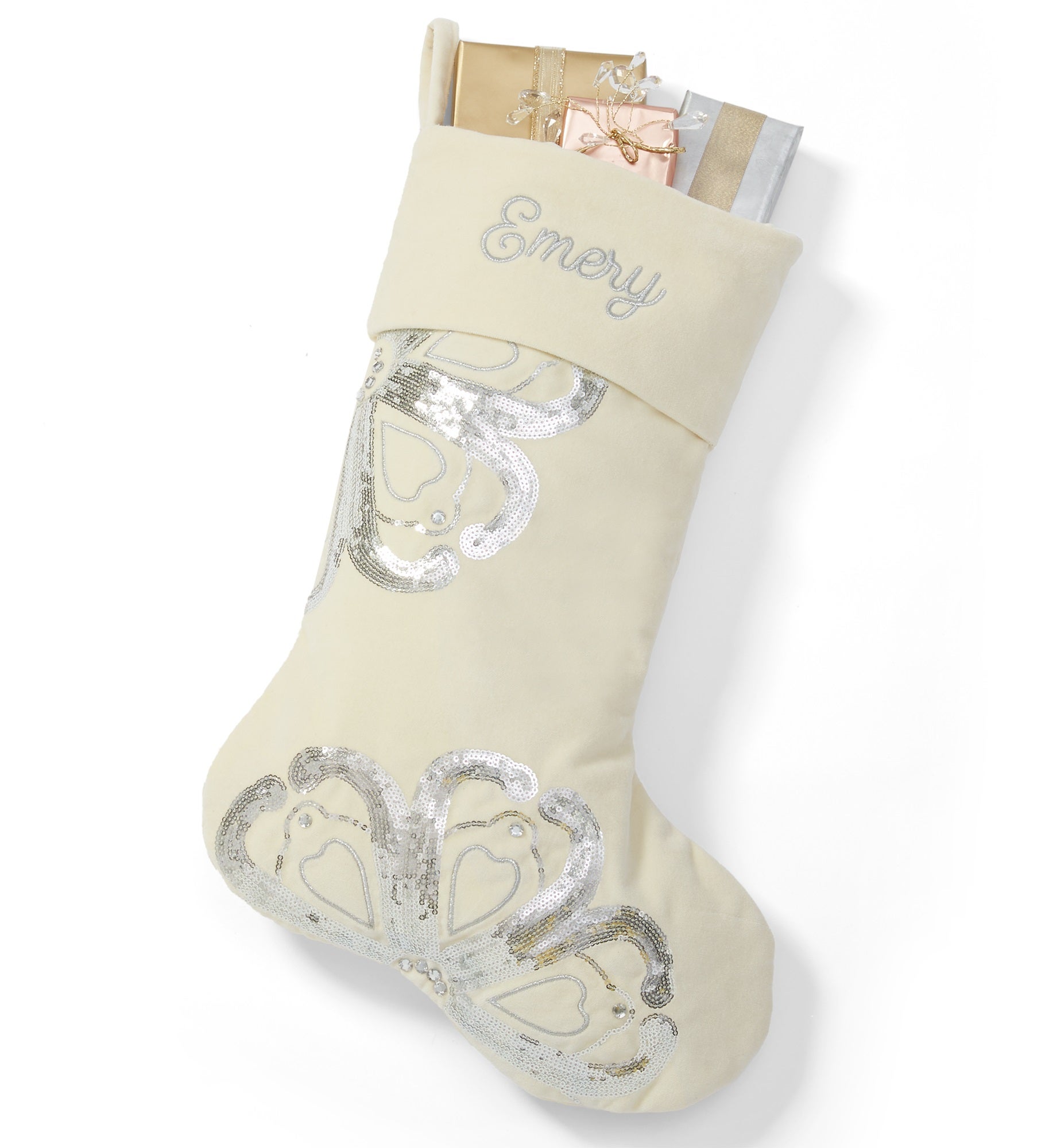 Embroidered Anastasia Velveteen Stocking in Ivory and Silver