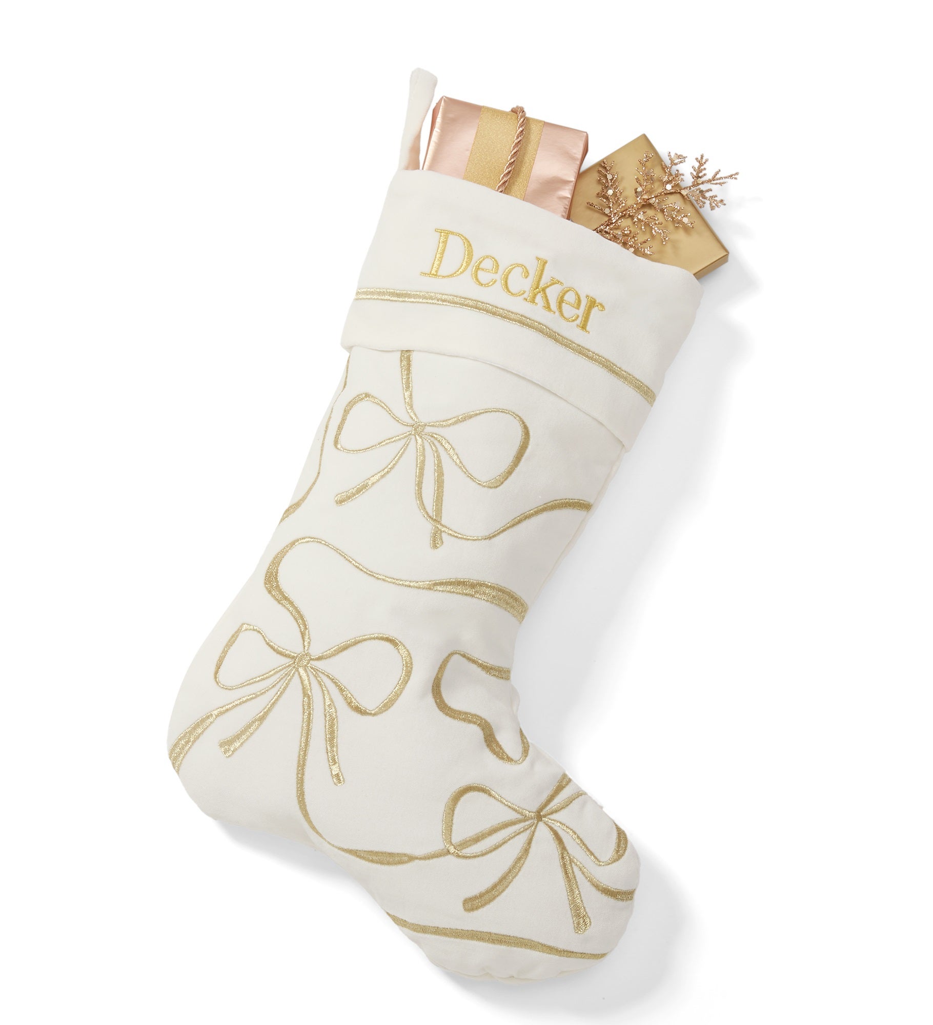 Kittenish Embroidered Bows & Ribbons Stocking in White/Gold