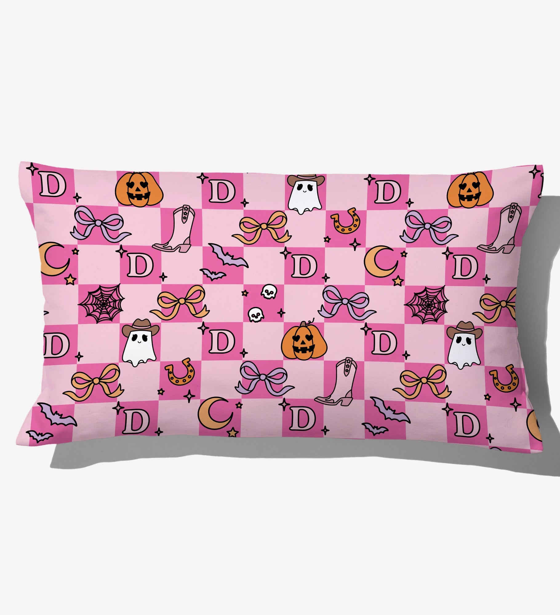 Kittenish Personalized Pinkoween Checked Lumbar Velvet Pillow